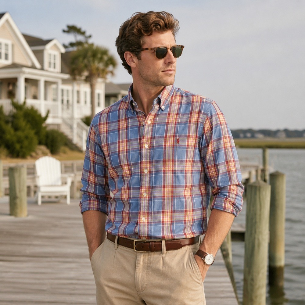 Ralph Lauren Custom Fit Plaid Button Down Shirt Classic Oxford Men's XL Blue Red